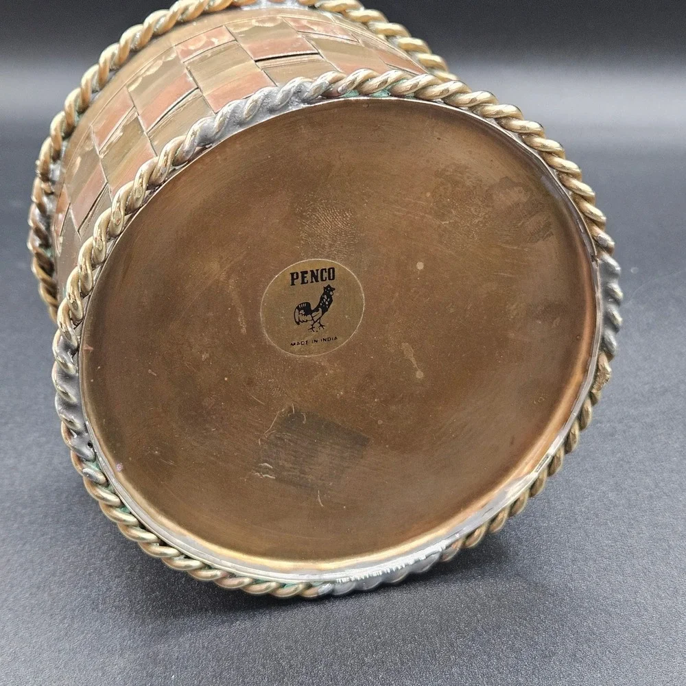 Vintage Penco Brass and Copper Woven Basket Twisted Handle Made in India 6in